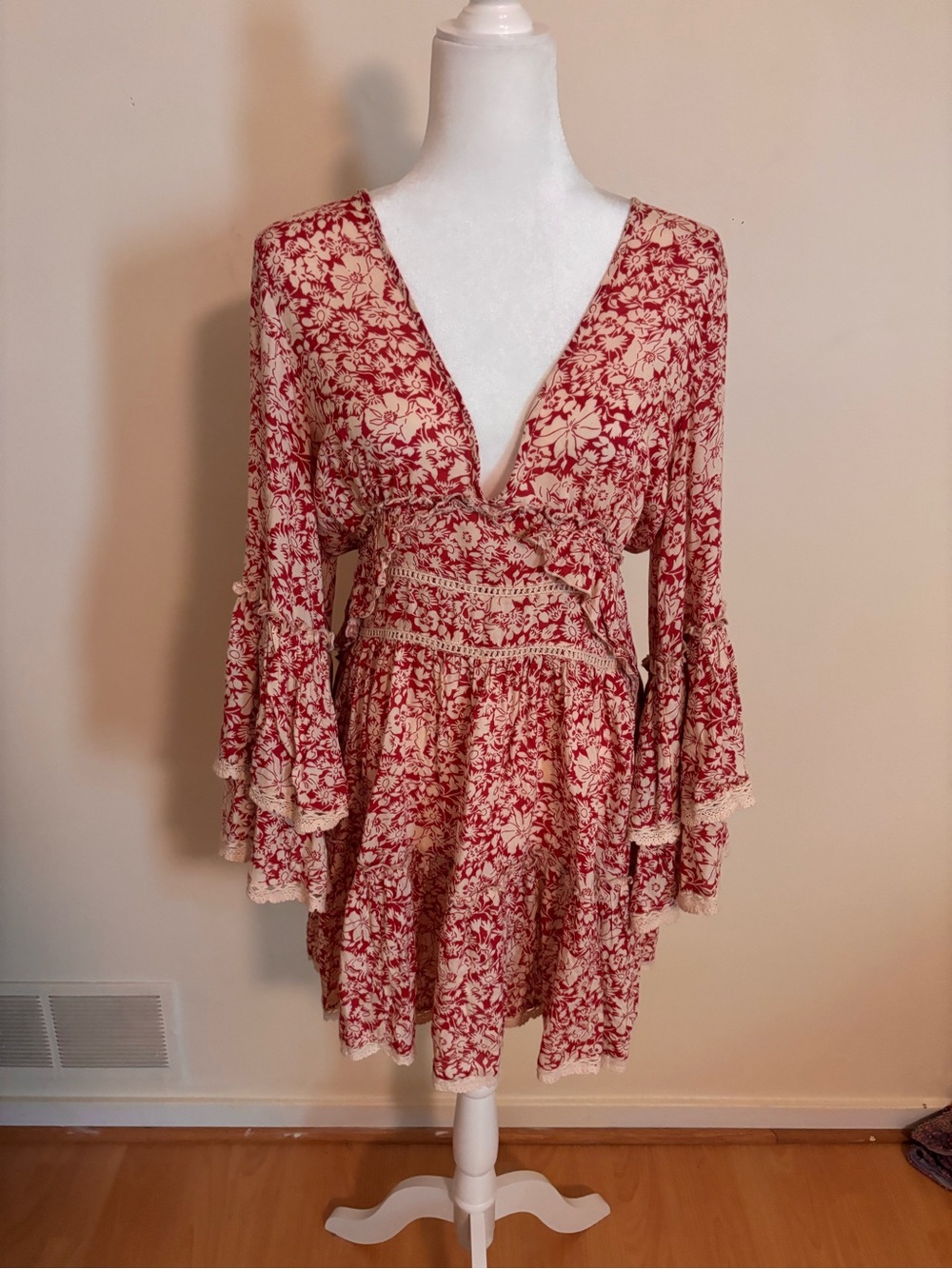 Free People Open Back Red Floral V-Neck Bell Sleeve Dress